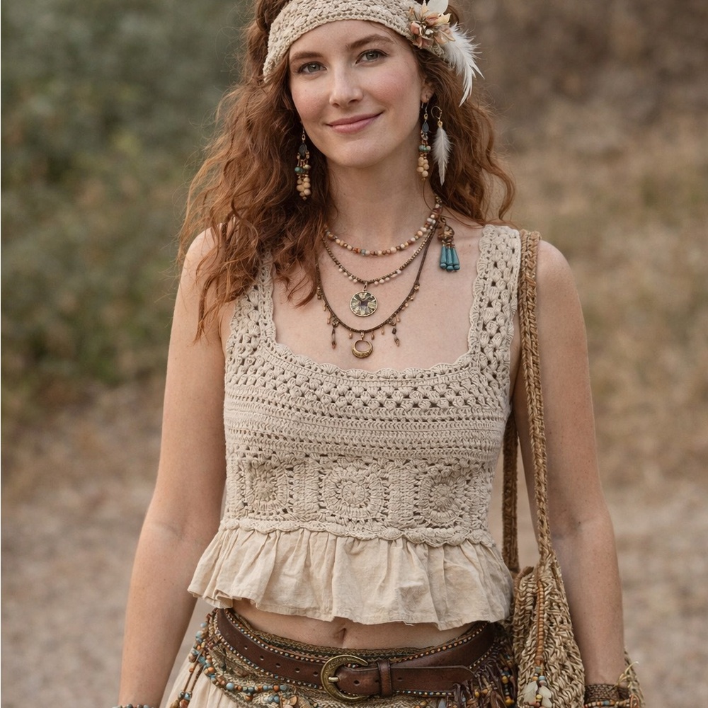 Vintage Crochet Boho Top | Linen Blend | Made in India Size S - Picture 7 of 7